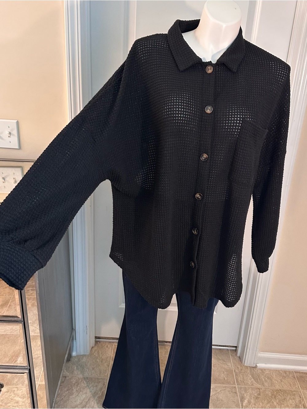 Oversized black long sleeve button up. XXL. Waffle knit.